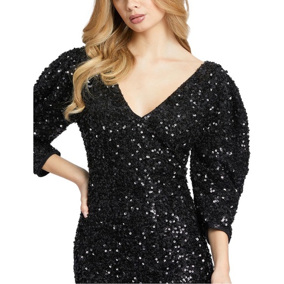 NWT $358 Mac Duggal Sequined Puffed Sleeve Mini Dress black beaded 26449 holiday - Picture 3 of 8